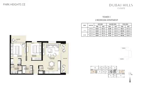 Park Heights 2: Floor plan Tower 1, 2 Bedroom, Unit 04, 12, Size 1086 Sq Ft, 1,086 sq ft