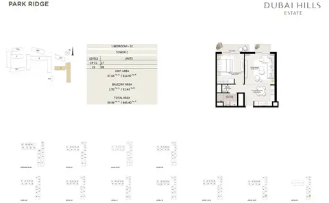 Park Ridge: Floor plan 1 Bed 1E tower C, 645 sq ft