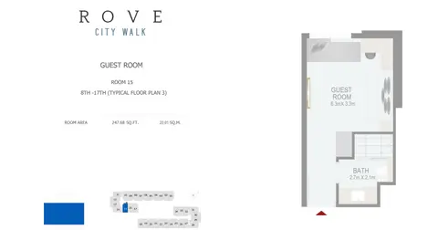 Rove City Walk: Планировка Hotel Room - Room 15 Typical Floor Plan 3 - 8th-17th Size 247.68 sq ft, 248 sq ft