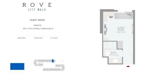 Rove City Walk: Планировка Hotel Room - Room 2 Typical Floor Plan 3 - 8th-17th Size 248.86 sq ft, 249 sq ft