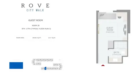 Rove City Walk: Планировка Hotel Room - Room 20 Typical Floor Plan 3 - 8th-17th Size 248.86 sq ft, 249 sq ft