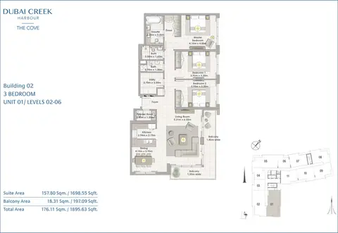 ذا كوف كريك هاربور: مخطط الطابق 3B-U1- L02-06, 1,896 sq ft