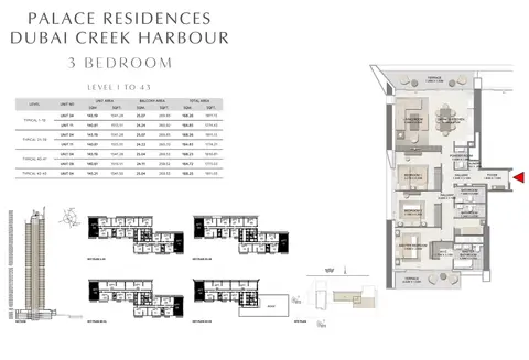 Palace Residences: Floor plan 3 bedroom - Level 1 To 43 Size 1773.03 to 1810.81 sq ft, 1,811 sq ft