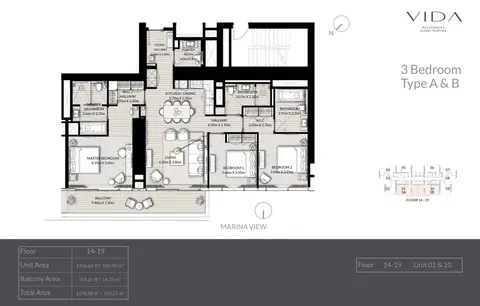 Vida Residences Dubai Marina: Floor plan Type A & B, Unit 1-10, Floor 14-19, 1,671 sq ft