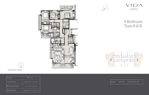 Vida Residences Dubai Marina: Floor plan Type A & B, Unit 2-5, Floor 49-54, 2,334 sq ft