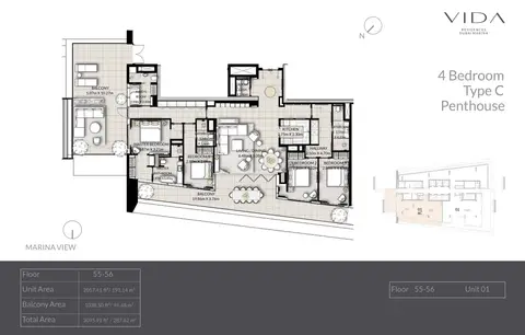 Vida Residences Dubai Marina: Floor plan Type C, Unit-1, Floor 55-56, 3,096 sq ft