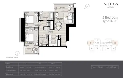 Vida Residences Dubai Marina: Floor plan Type B & C, Unit 3 & 6, Floor 26-48, 1,164 sq ft