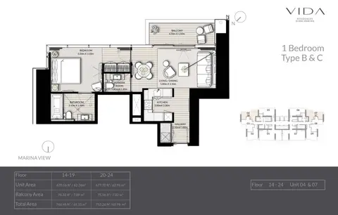 Vida Residences Dubai Marina: Floor plan Type B & C, Unit 4 & 7, Floor 14-24, 753 sq ft
