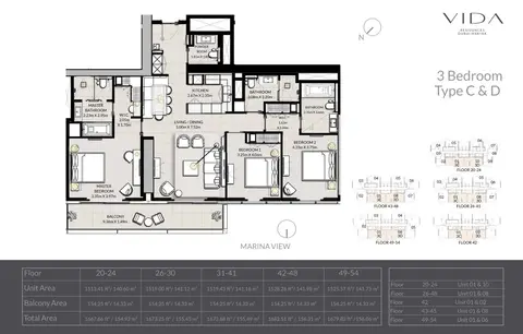 Vida Residences Dubai Marina: Floor plan Type C & D, 1,680 sq ft