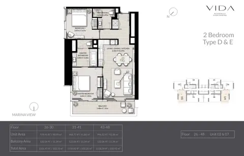 Vida Residences Dubai Marina: Floor plan Type D & E, Unit 2 & 7, Floor 26-48, 1,119 sq ft