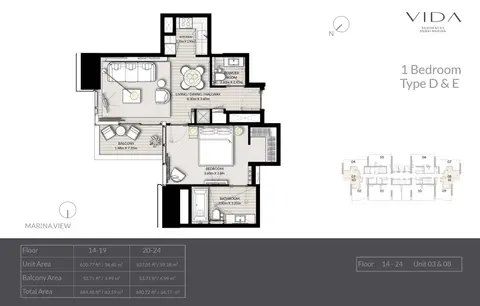 Vida Residences Dubai Marina: Floor plan Type D & E, Unit 3 & 8, Floor 14-24, 691 sq ft