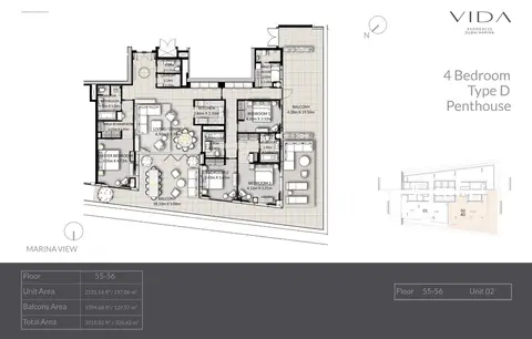Vida Residences Dubai Marina: Floor plan Type D, Unit-2, Floor 55-56, 3,516 sq ft