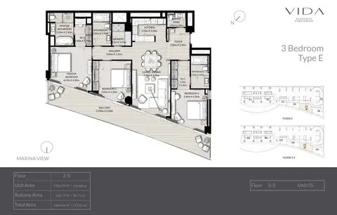 Vida Residences Dubai Marina: Floor plan Type E, Unit-5, Floor 2-5, 1,867 sq ft