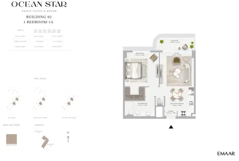 Emaar Ocean Star Mina Rashid: Floor plan 1 Bedroom - 1A, 790 sq ft