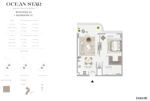 Emaar Ocean Star Mina Rashid: Floor plan 1 Bedroom - 1F, 805 sq ft
