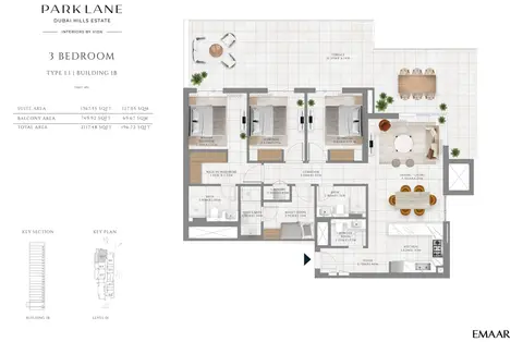 Emaar Park Lane Interiors by VIDA: Floor plan Type 1.1, 2,117 sq ft