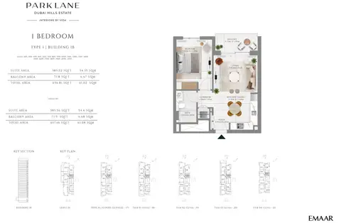 Emaar Park Lane Interiors by VIDA: Floor plan Type 1, 657 sq ft