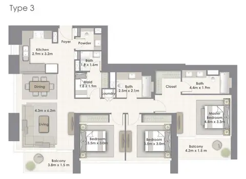 كريك سايد 18: مخطط الطابق Tower-A Unit-03 Level 02-16, 18-33, 1,631 sq ft