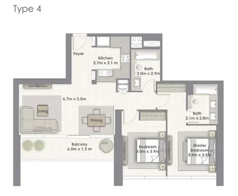 كريك سايد 18: مخطط الطابق Tower-A Unit-04 Level 02-16, 18-33, 1,133 sq ft