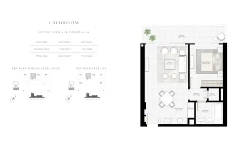 Sunrise Bay: Floor plan 1 Bedroom Unit 02 Level 01 Podium 01-05 Size 809.67 sq.ft, 810 sq ft