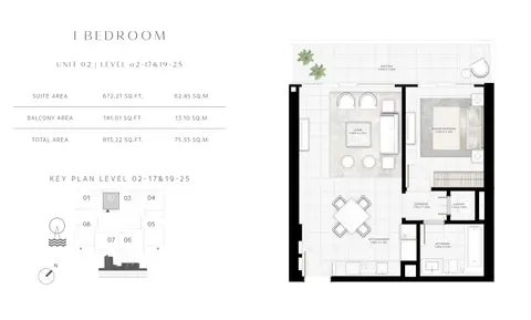 Sunrise Bay: Floor plan 1 Bedroom Unit 02 Level 02-17 & 19-25 Size 813.22 sq.ft, 813 sq ft