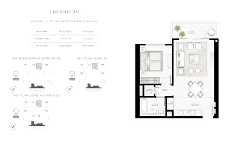 Sunrise Bay: Floor plan 1 Bedroom Unit 03 Level 01 - 17 & 19-25 Podium 01-05 Size 726.99 sq.ft, 727 sq ft