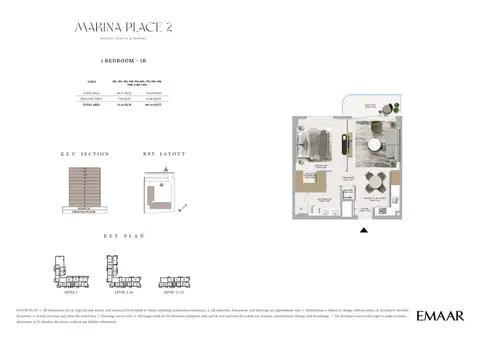 Emaar Marina Place 2 Mina Rashid: Plattegrond Type 1B, 801 sq ft