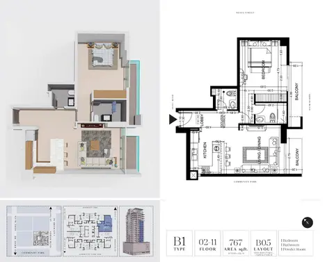 7 Park Central JVC: Floor plan Type B1, 767 sq ft