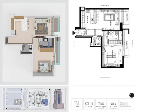 7 Park Central JVC: Floor plan Type B1, 766 sq ft