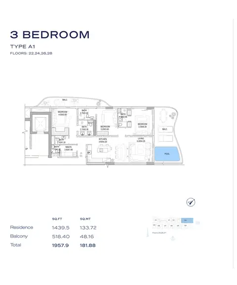 ذا بير ريزيدنس: مخطط الطابق Type A1, Floors - 22-24-26-28, 1,957 sq ft