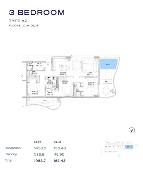 ذا بير ريزيدنس: مخطط الطابق Type A2, Floors - 22-24-26-28, 1,963 sq ft