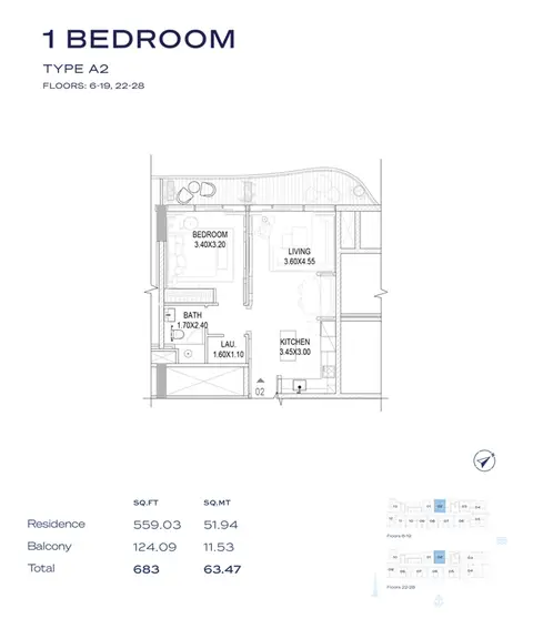 ذا بير ريزيدنس: مخطط الطابق Type A2, Floors - 6-19, 22 - 28, 683 sq ft