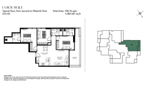 La Boutique at Al Jaddaf Dubai: Floor plan Unit 02, 1,085 sq ft