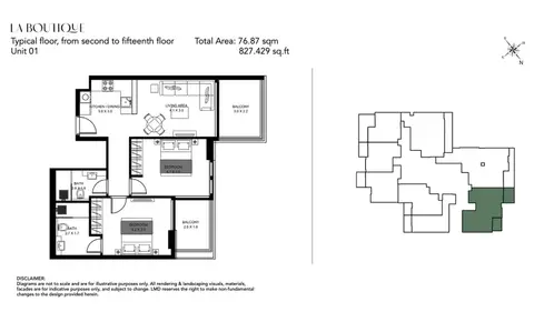 La Boutique at Al Jaddaf Dubai: Floor plan Unit 01, 827 sq ft