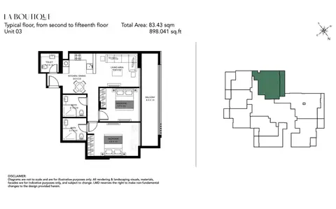 La Boutique at Al Jaddaf Dubai: Floor plan Unit 03, 898 sq ft
