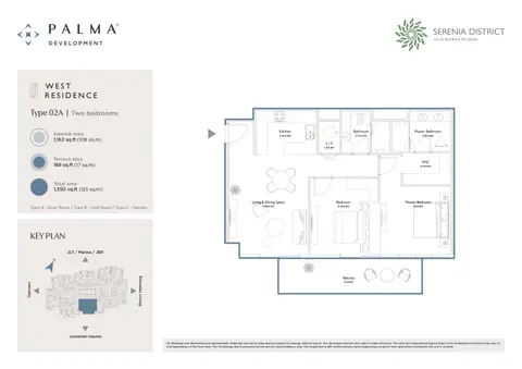 سيرينيا ديستريكت ويست في جميرا: مخطط الطابق Type 02A, 1,350 sq ft