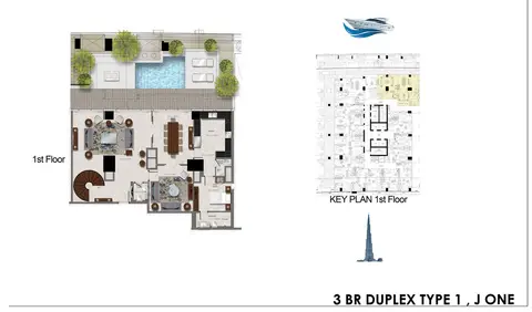 J One Tower: Plattegrond 3 Bedroom Apartment, Duplex, Type 1 1st Floor