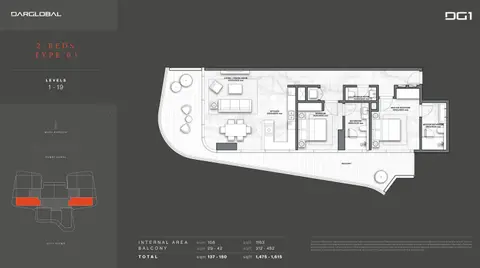 DG1 Living Tower: Type 01, Level 1-19, 1,615 sq ft 户型图