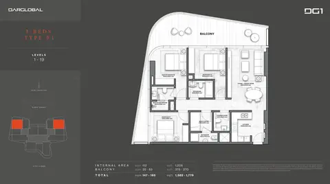 DG1 Living Tower: Type 01, Level 1-19, 1,776 sq ft 户型图