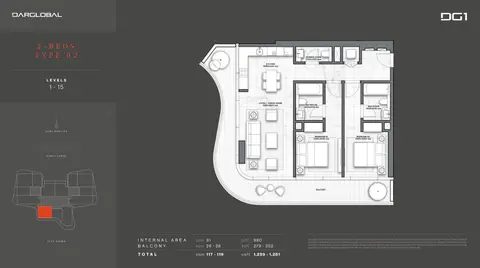 DG1 Living Tower: Type 02, Level 1-15, 1,281 sq ft 户型图