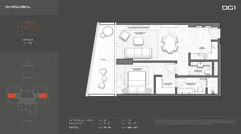 DG1 Living Tower: Type 02, Level 1-19, 871 sq ft 户型图