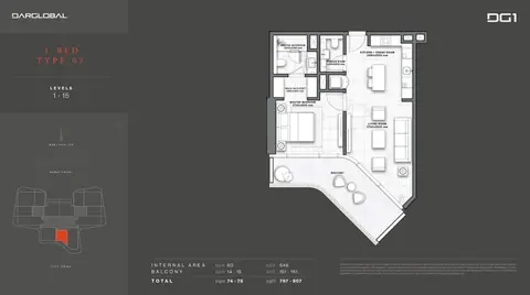DG1 Living Tower: Type 03, Level 1-15, 807 sq ft 户型图