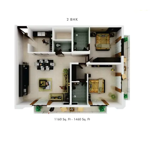 Vincitore Palacio: Floor plan 2 Bedroom, Size: 1,160 - 1,460 sq. ft., 1,460 sq ft