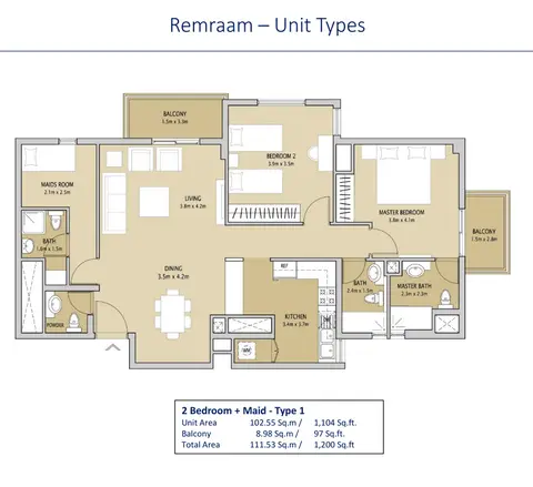 Remraam Apartments: Floor plan 2 Bedroom +maid Type 1, 1,200 sq ft