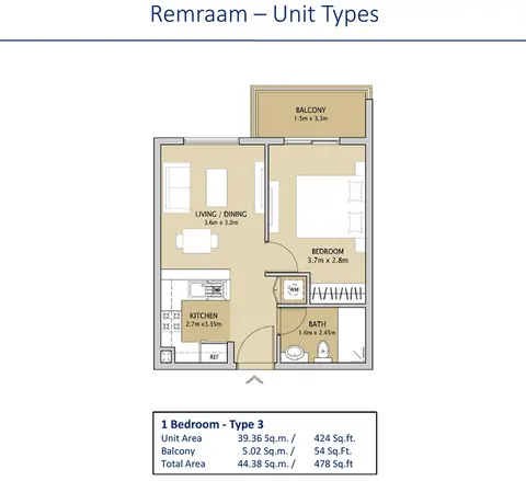 Remraam Apartments: Floor plan 1 Bedroom Type 3, 476 sq ft