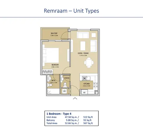 Remraam Apartments: Floor plan 1 Bedroom Type 4, 567 sq ft
