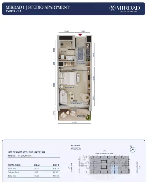 Mirdad: Type 1A, 437 sq ft 户型图