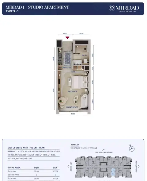 Mirdad: Type 1, 377 sq ft 户型图