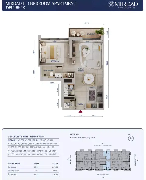 Mirdad: Type 1C, 716 sq ft 户型图