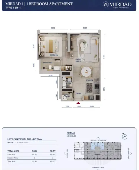 Mirdad: Type 1, 651 sq ft 户型图
